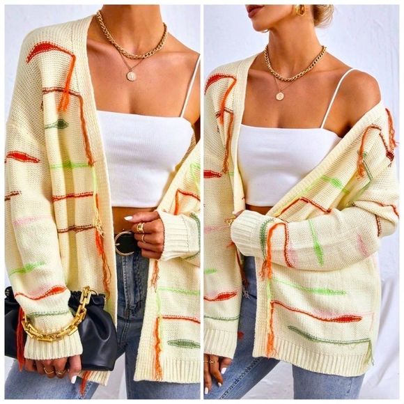NWT! STRIPED PATTERN FRINGE DROP SHOULDER OPEN FRONT CARDIGAN IN CREAM! - Picture 8 of 12